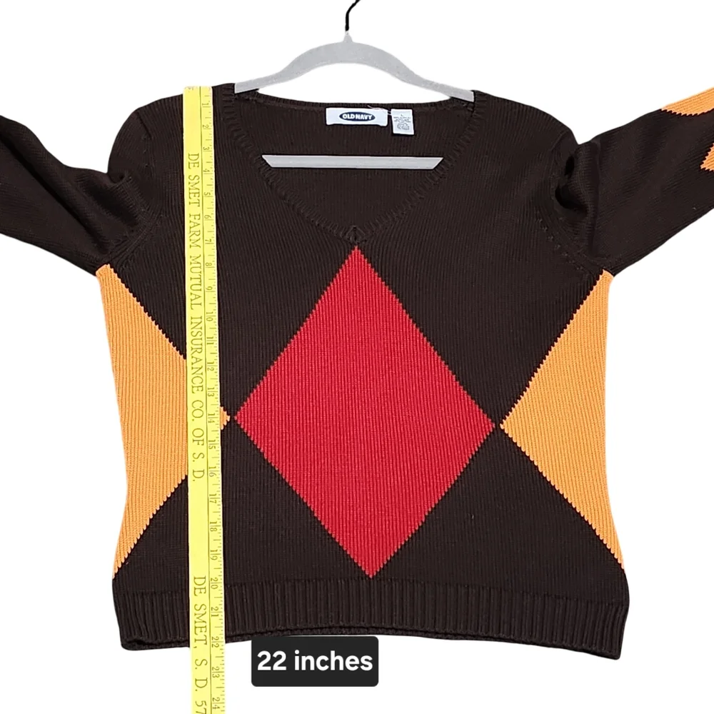 OLD NAVY Sweater Womens Large Brown Argyle Diamond Knit V Neck Y2K Preppy Retro - Picture 4 of 9